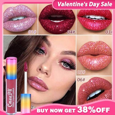 6-Color Metallic Glitter Lip Gloss. Waterproof Non-stick Cup